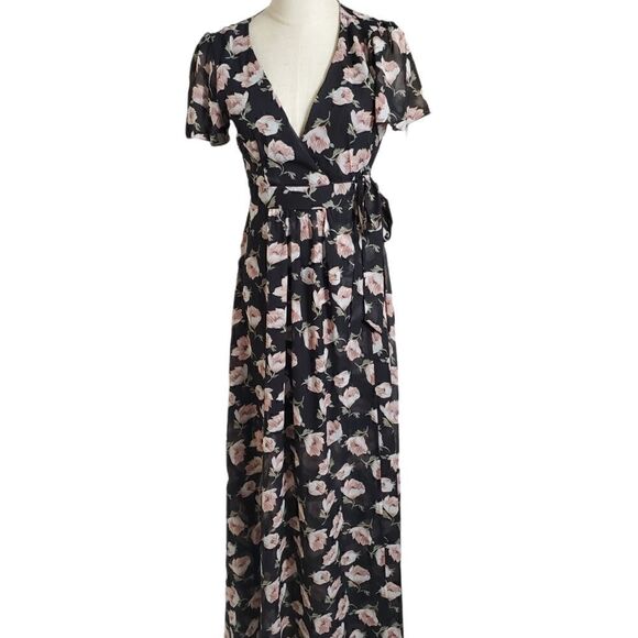 Black Floral Wrap Maxi Dress - Picture 1 of 4